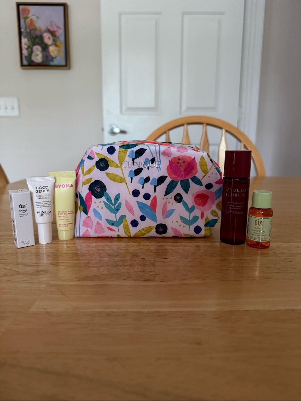 Clinique Pink Floral Travel Pouch with various brands mini skincare - NWT